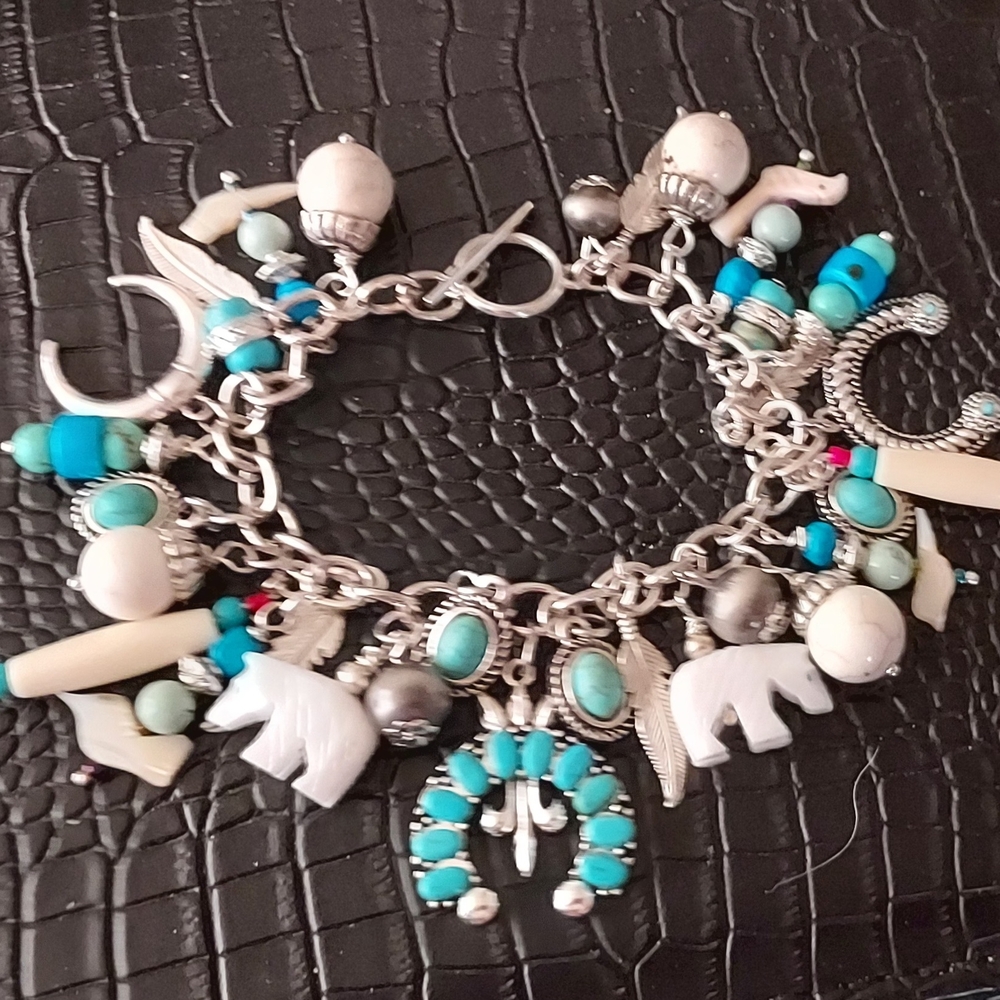 Handcrafted WhiteTurquoise Blue Charm Bracelet with Bears and Birds Moon Accents